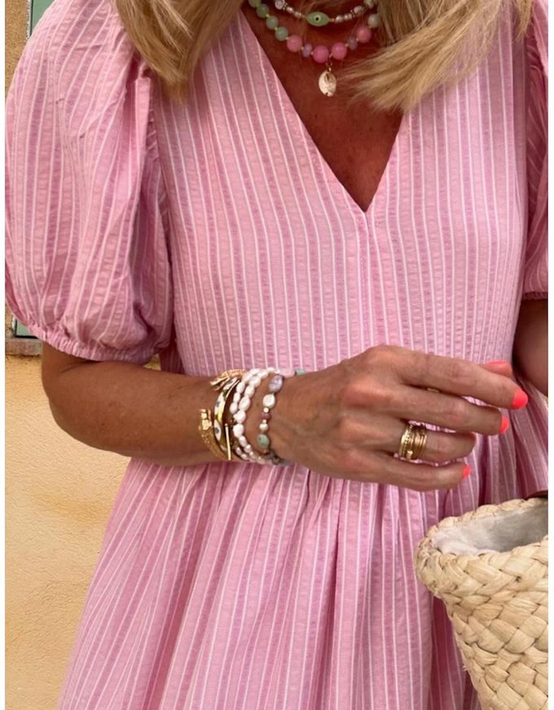 Pink Stripe V Neck Puff Short Sleeve Maxi Dress