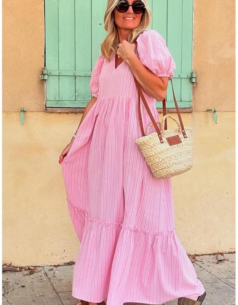 Pink Stripe V Neck Puff Short Sleeve Maxi Dress