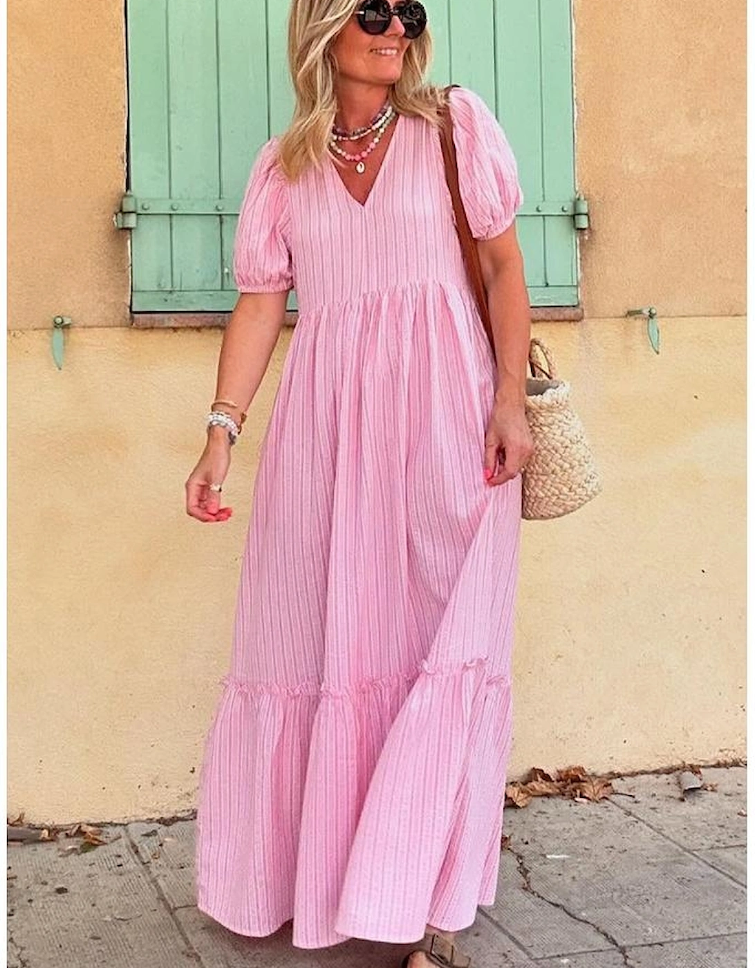 Pink Stripe V Neck Puff Short Sleeve Maxi Dress