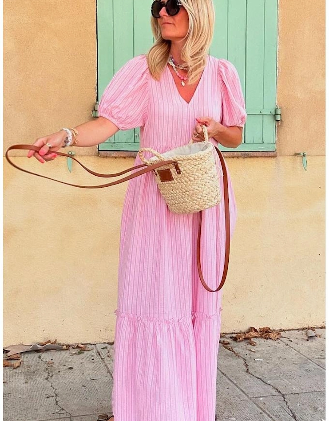 Pink Stripe V Neck Puff Short Sleeve Maxi Dress