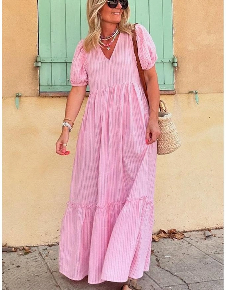 Pink Stripe V Neck Puff Short Sleeve Maxi Dress