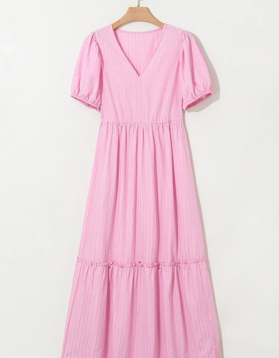 Pink Stripe V Neck Puff Short Sleeve Maxi Dress