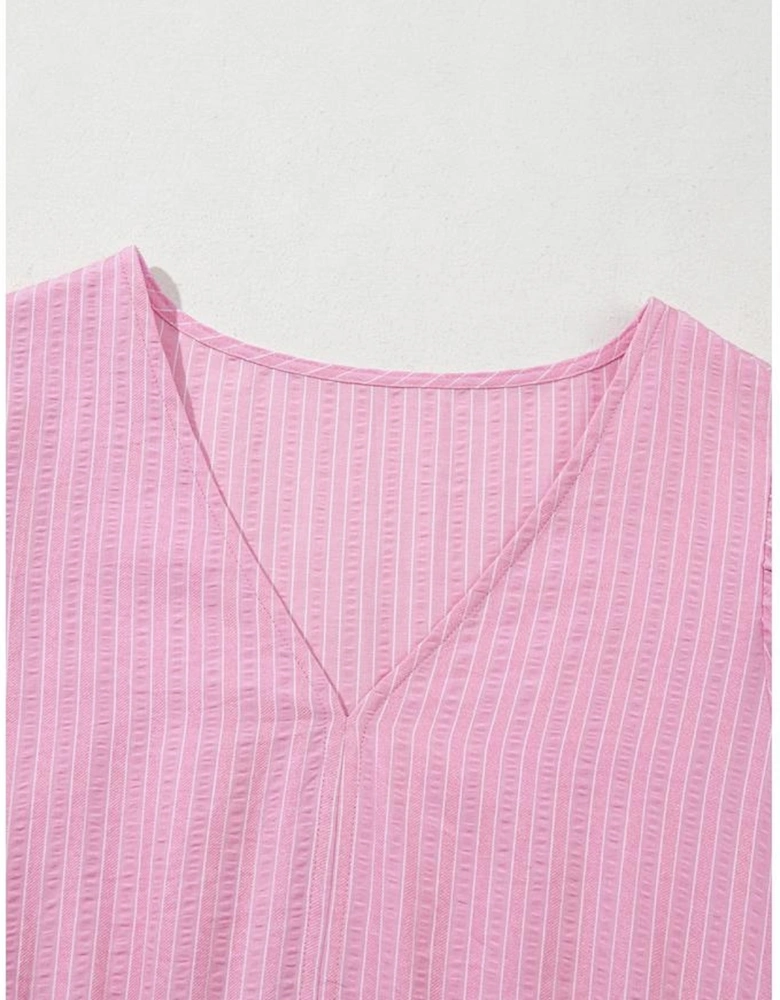 Pink Stripe V Neck Puff Short Sleeve Maxi Dress
