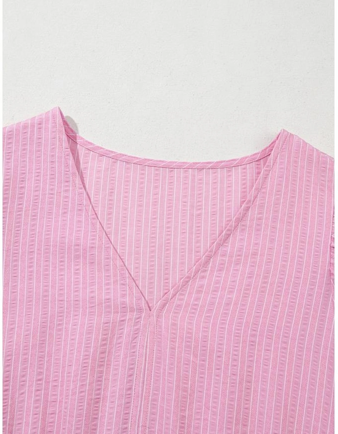 Pink Stripe V Neck Puff Short Sleeve Maxi Dress