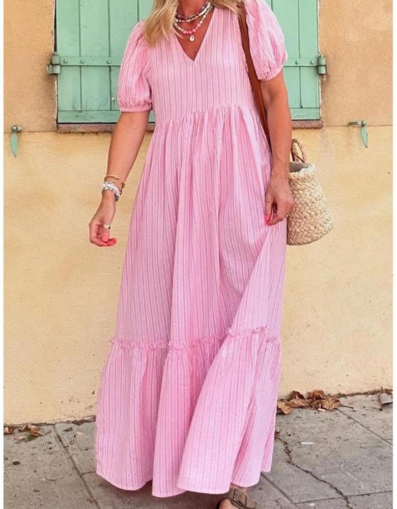 Pink Stripe V Neck Puff Short Sleeve Maxi Dress