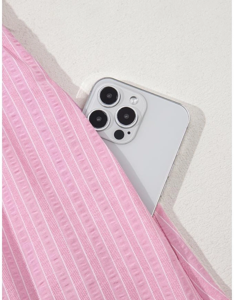 Pink Stripe V Neck Puff Short Sleeve Maxi Dress