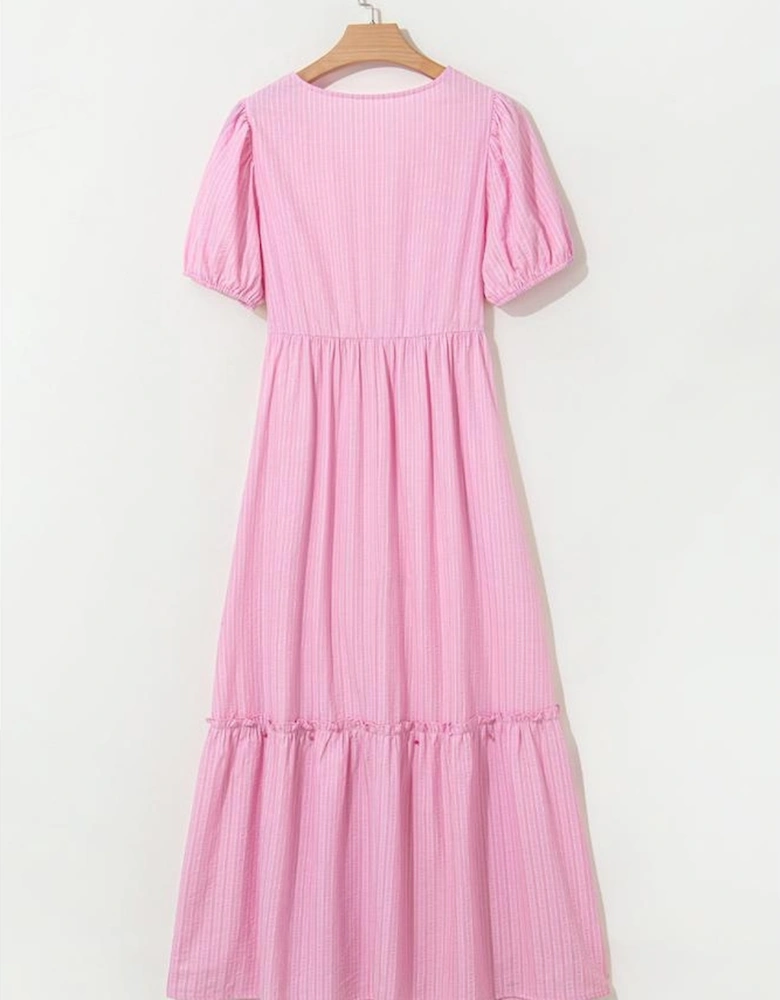 Pink Stripe V Neck Puff Short Sleeve Maxi Dress