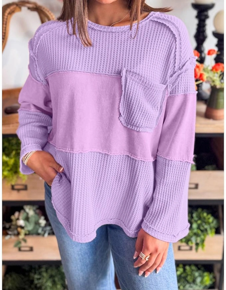 Phalaenopsis Thermal Knit Contrast Textured Patchwork Long Sleeve Top