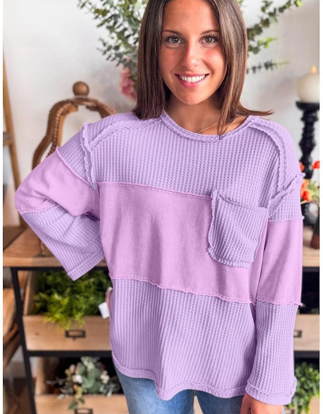 Phalaenopsis Thermal Knit Contrast Textured Patchwork Long Sleeve Top, 6 of 5