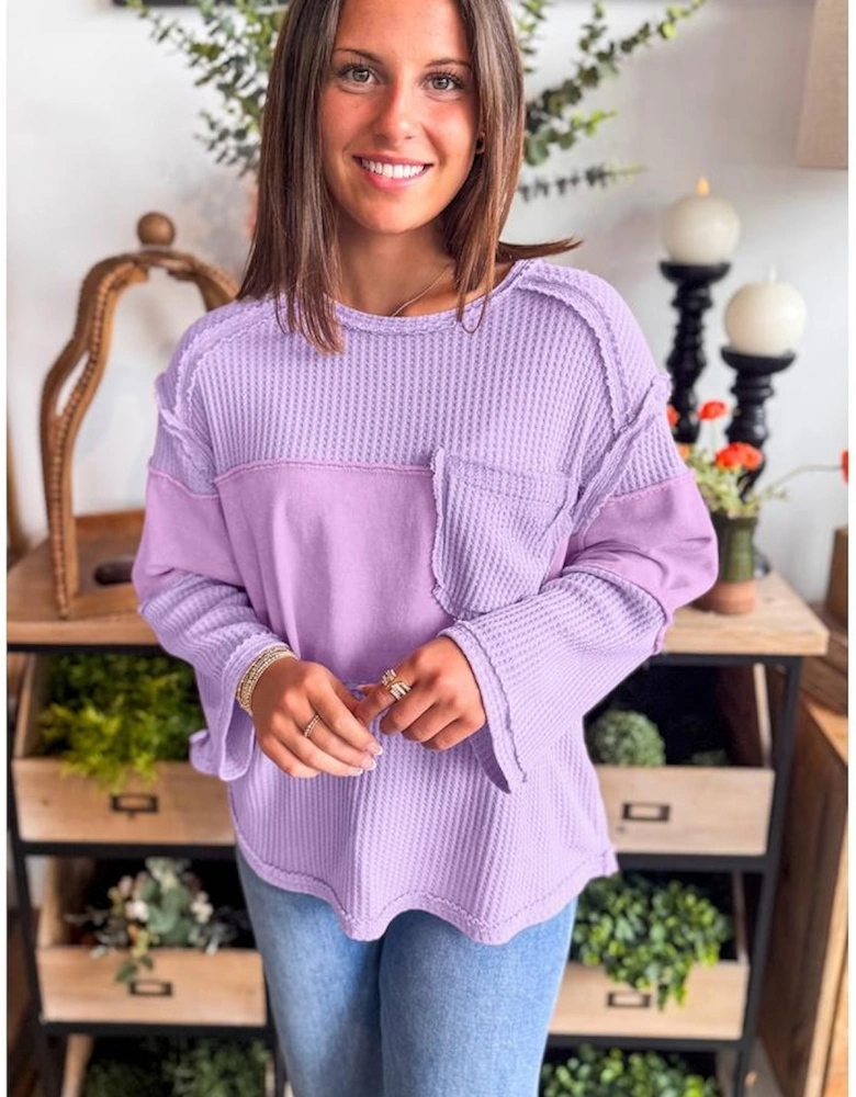 Phalaenopsis Thermal Knit Contrast Textured Patchwork Long Sleeve Top