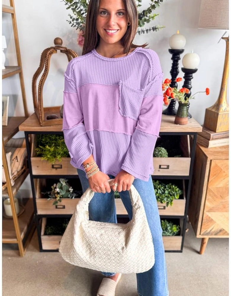 Phalaenopsis Thermal Knit Contrast Textured Patchwork Long Sleeve Top