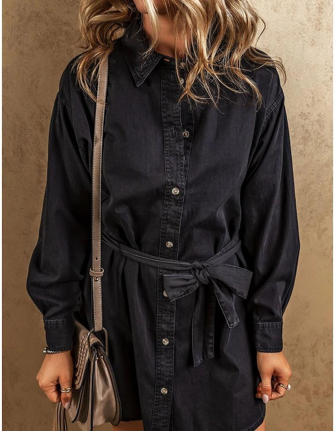 Black Button-Up Belted Denim Shirt Dress