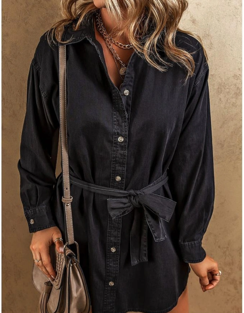 Black Button-Up Belted Denim Shirt Dress