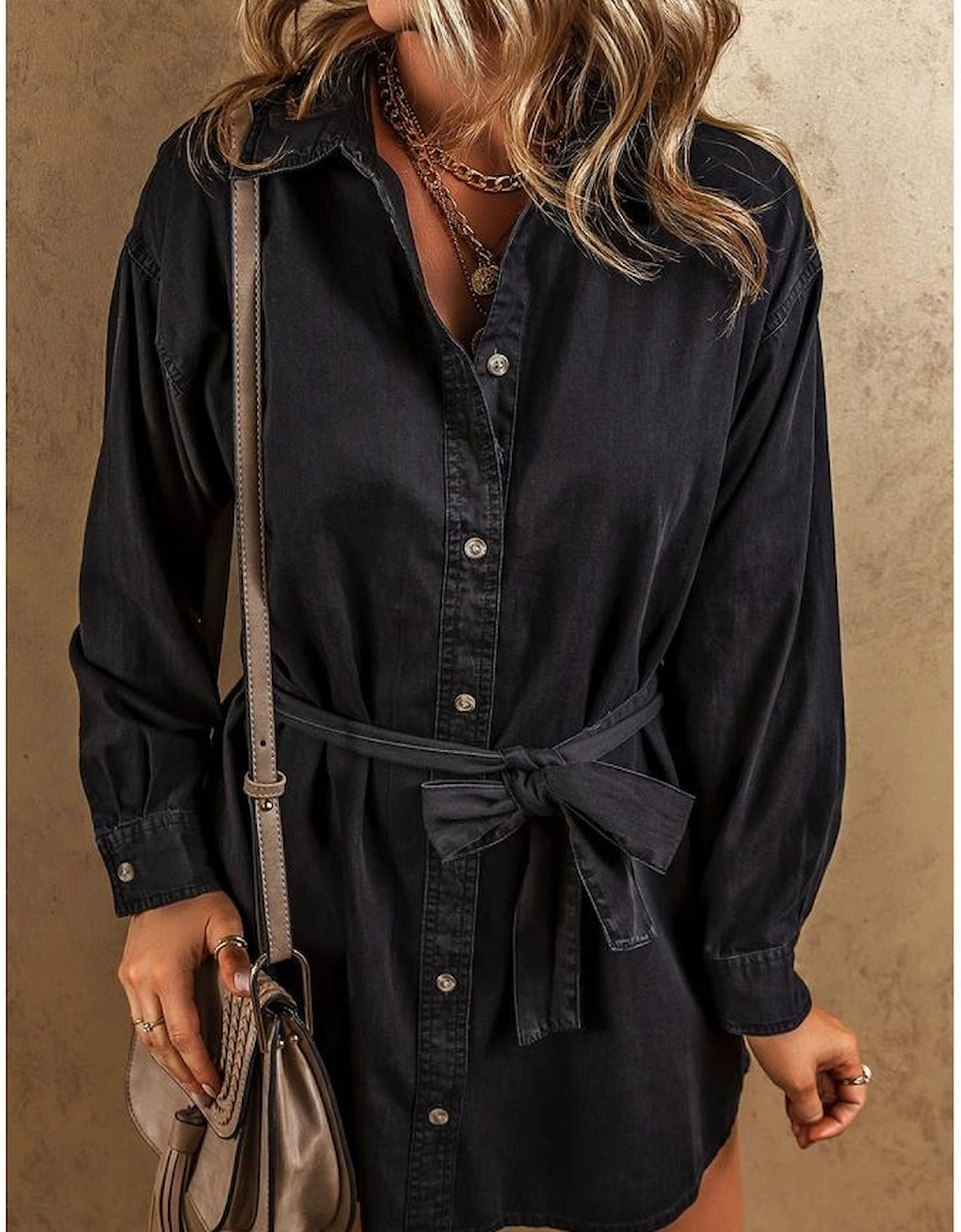 Black Button-Up Belted Denim Shirt Dress, 6 of 5