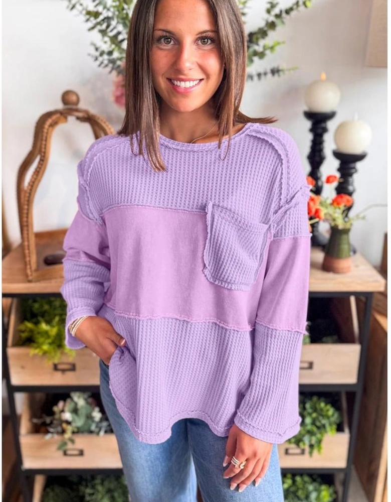 Phalaenopsis Thermal Knit Contrast Textured Patchwork Long Sleeve Top