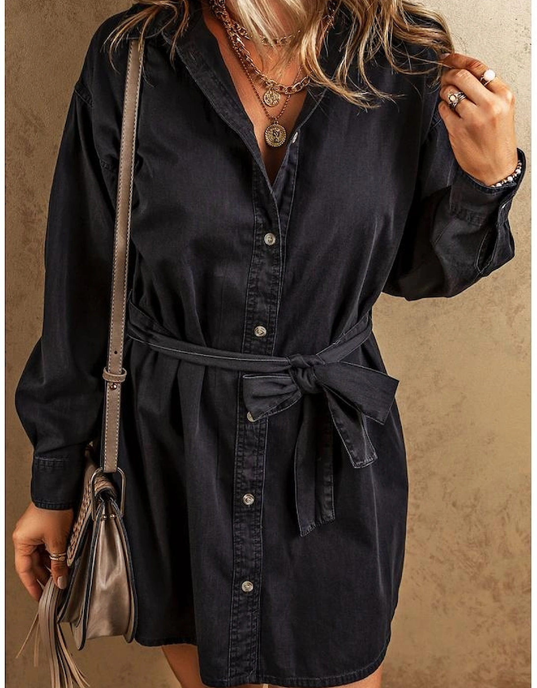 Black Button-Up Belted Denim Shirt Dress