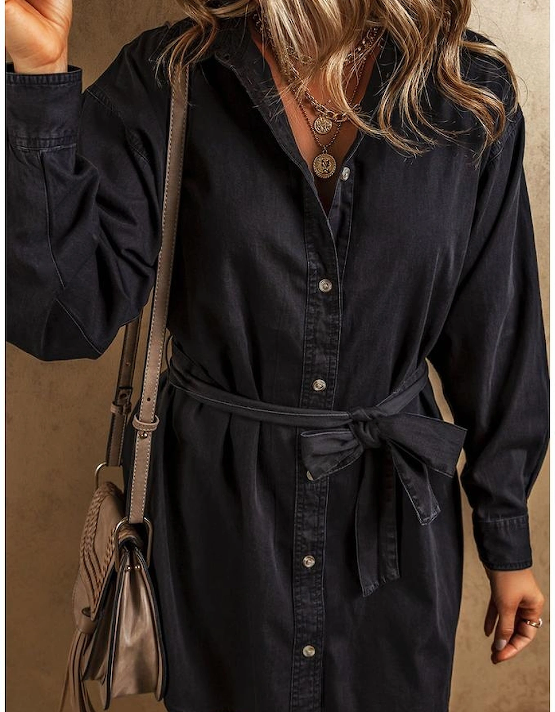 Black Button-Up Belted Denim Shirt Dress