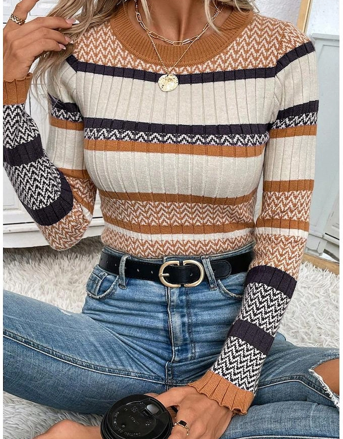 Brown Stripe Stylish Pattern Knitted Ribbed Trim Slim Sweater