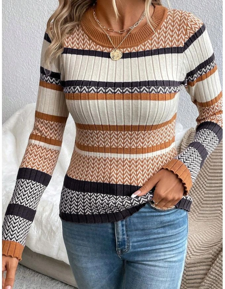 Brown Stripe Stylish Pattern Knitted Ribbed Trim Slim Sweater