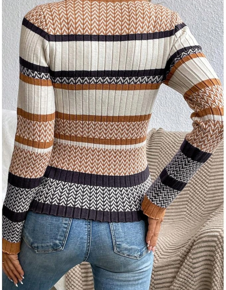 Brown Stripe Stylish Pattern Knitted Ribbed Trim Slim Sweater