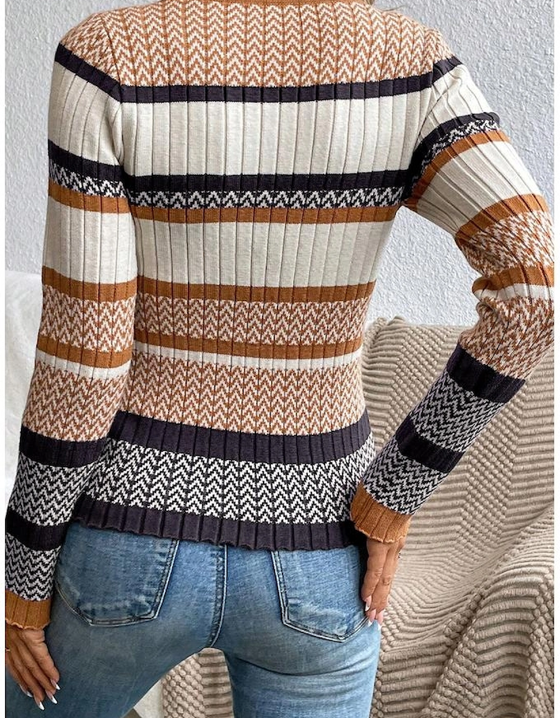 Brown Stripe Stylish Pattern Knitted Ribbed Trim Slim Sweater, 15 of 14