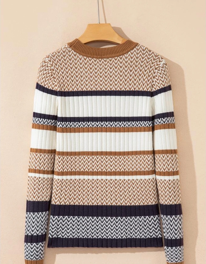 Brown Stripe Stylish Pattern Knitted Ribbed Trim Slim Sweater
