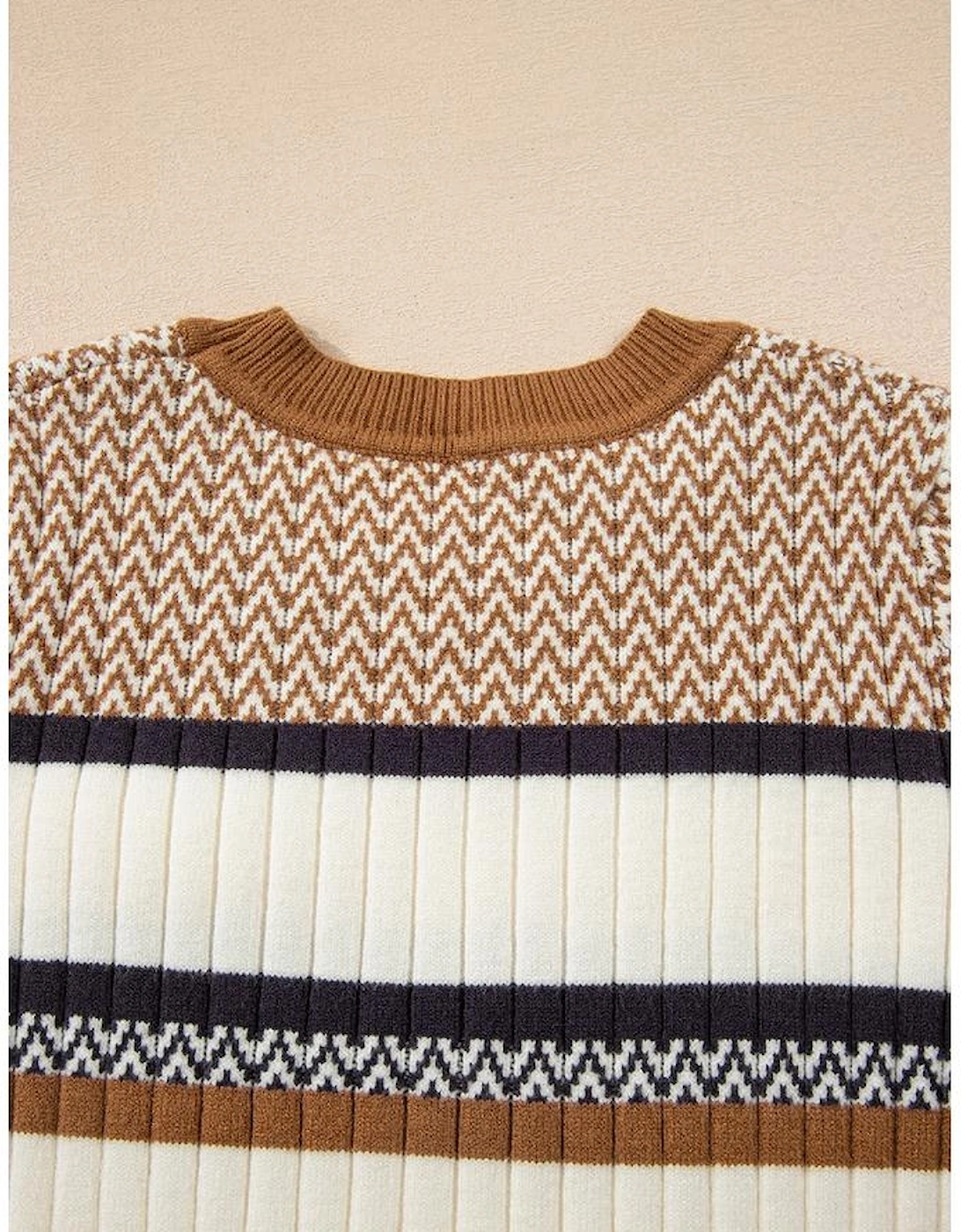 Brown Stripe Stylish Pattern Knitted Ribbed Trim Slim Sweater
