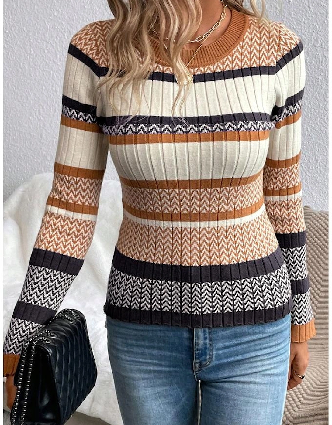 Brown Stripe Stylish Pattern Knitted Ribbed Trim Slim Sweater