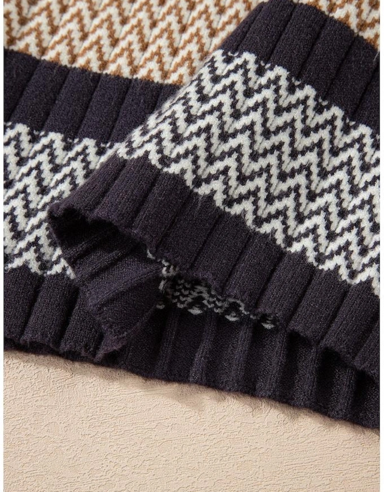 Brown Stripe Stylish Pattern Knitted Ribbed Trim Slim Sweater