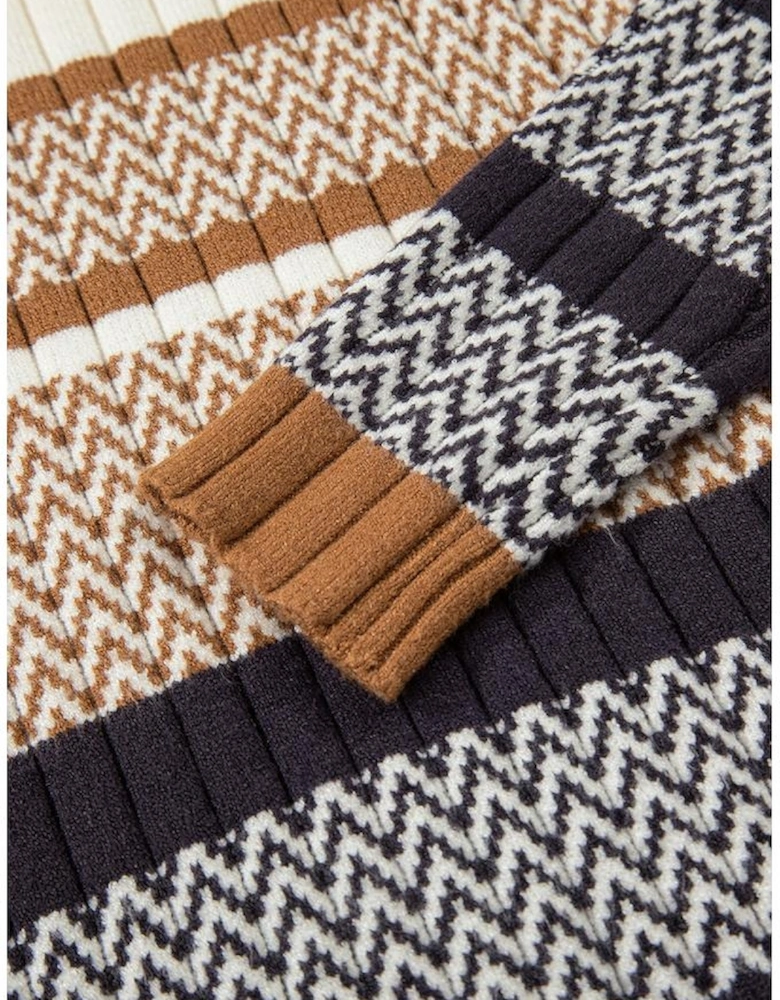 Brown Stripe Stylish Pattern Knitted Ribbed Trim Slim Sweater