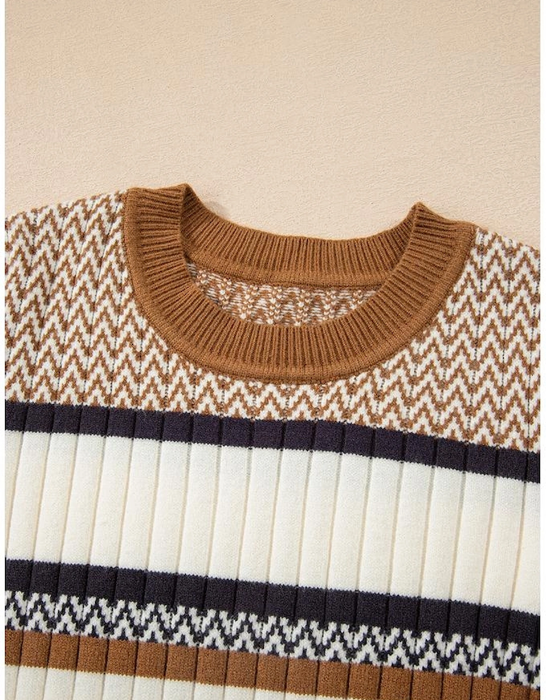Brown Stripe Stylish Pattern Knitted Ribbed Trim Slim Sweater