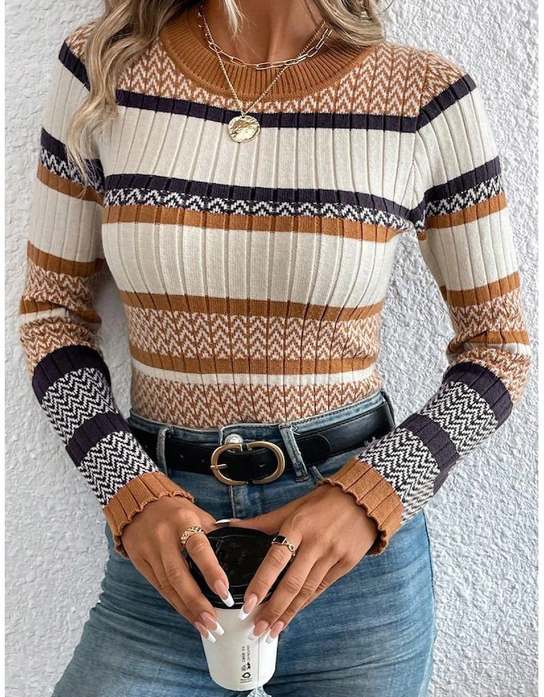 Brown Stripe Stylish Pattern Knitted Ribbed Trim Slim Sweater