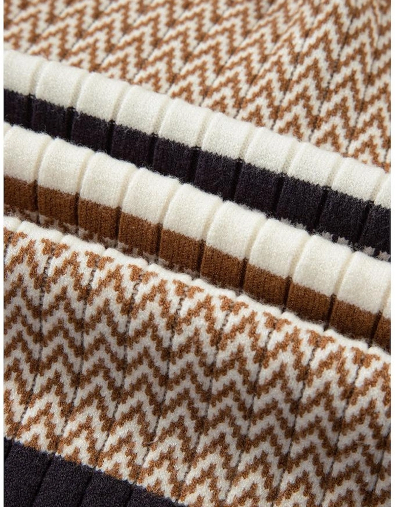 Brown Stripe Stylish Pattern Knitted Ribbed Trim Slim Sweater