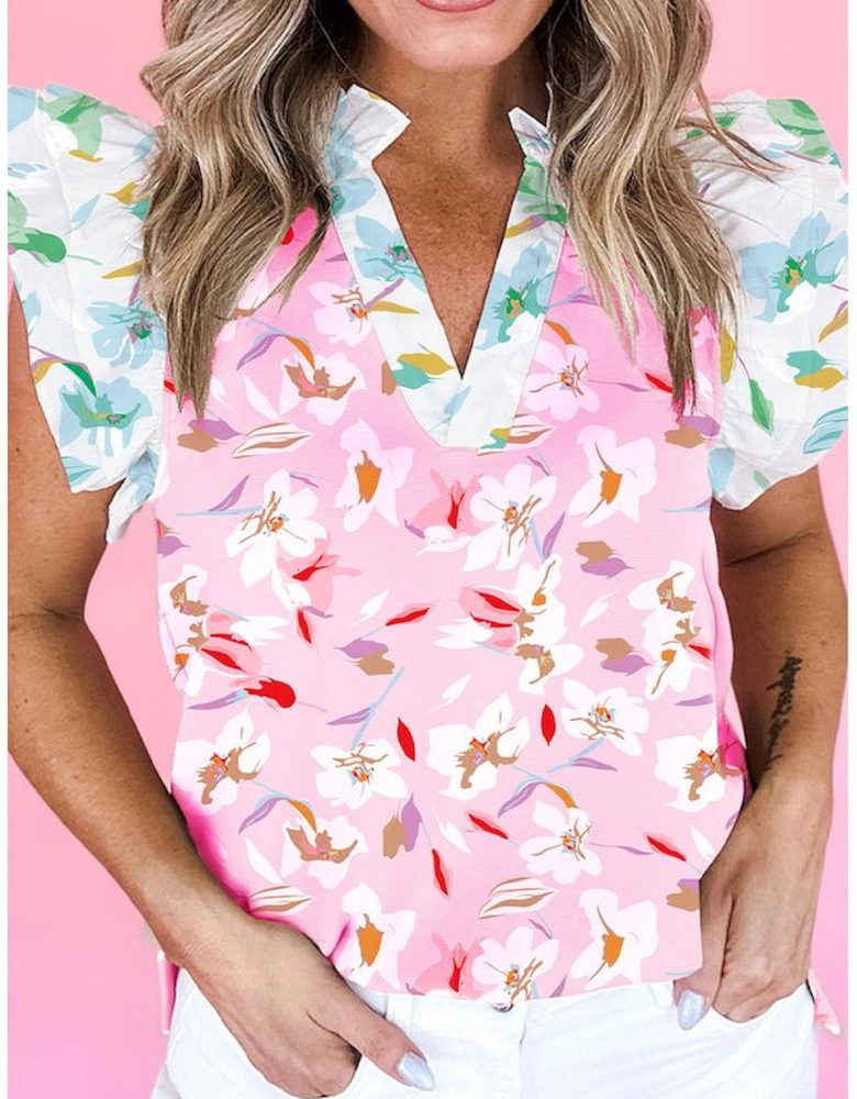 Multicolour Contrast Floral Patchwork Notched Neck Flutter Sleeve Blouse