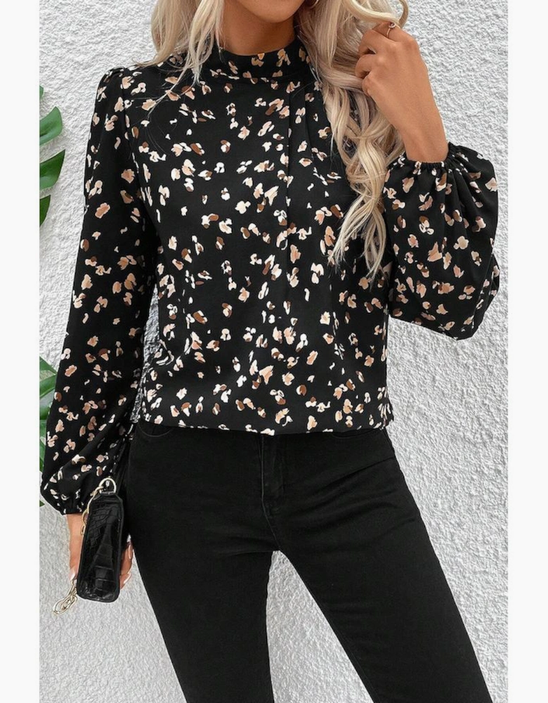 Black Leopard Print Lantern Sleeve Mock Neck Pleated Blouse