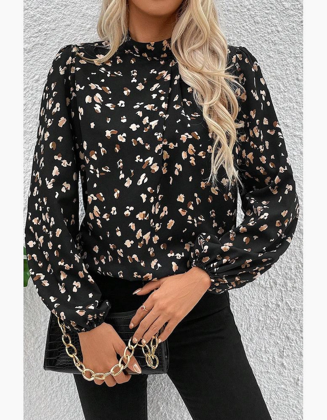 Black Leopard Print Lantern Sleeve Mock Neck Pleated Blouse