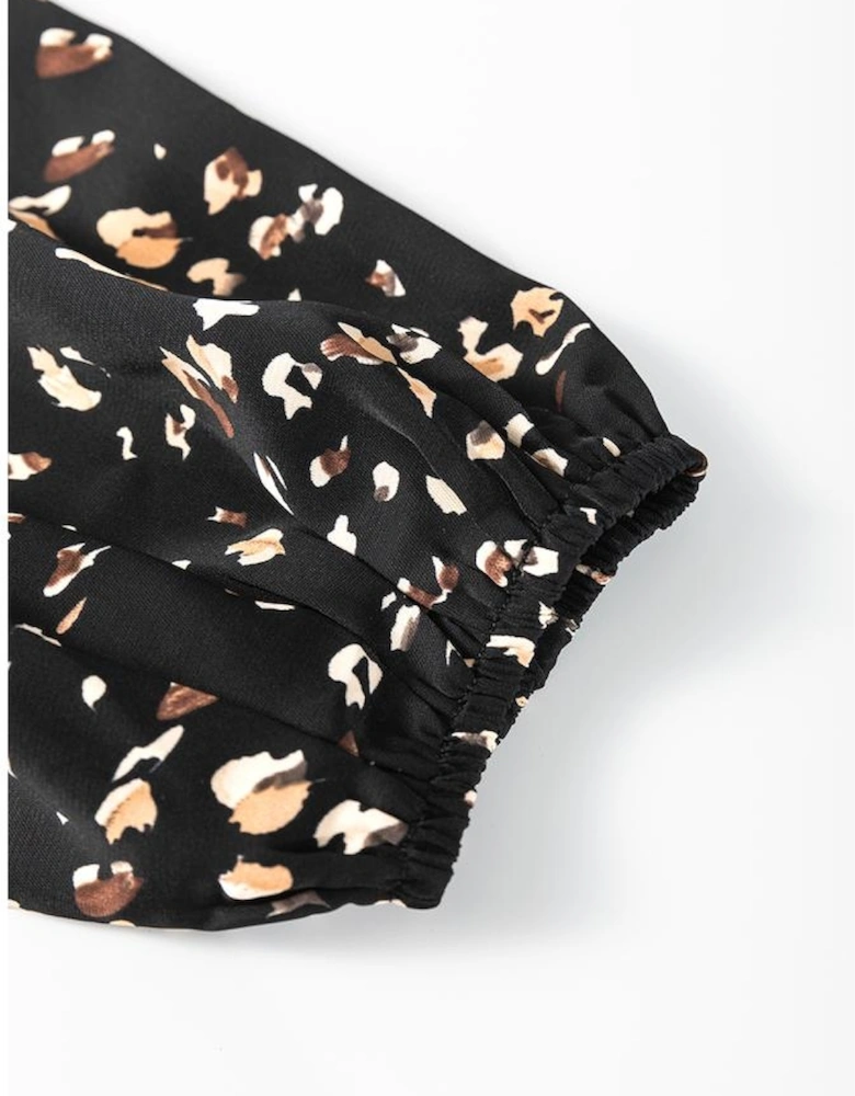 Black Leopard Print Lantern Sleeve Mock Neck Pleated Blouse