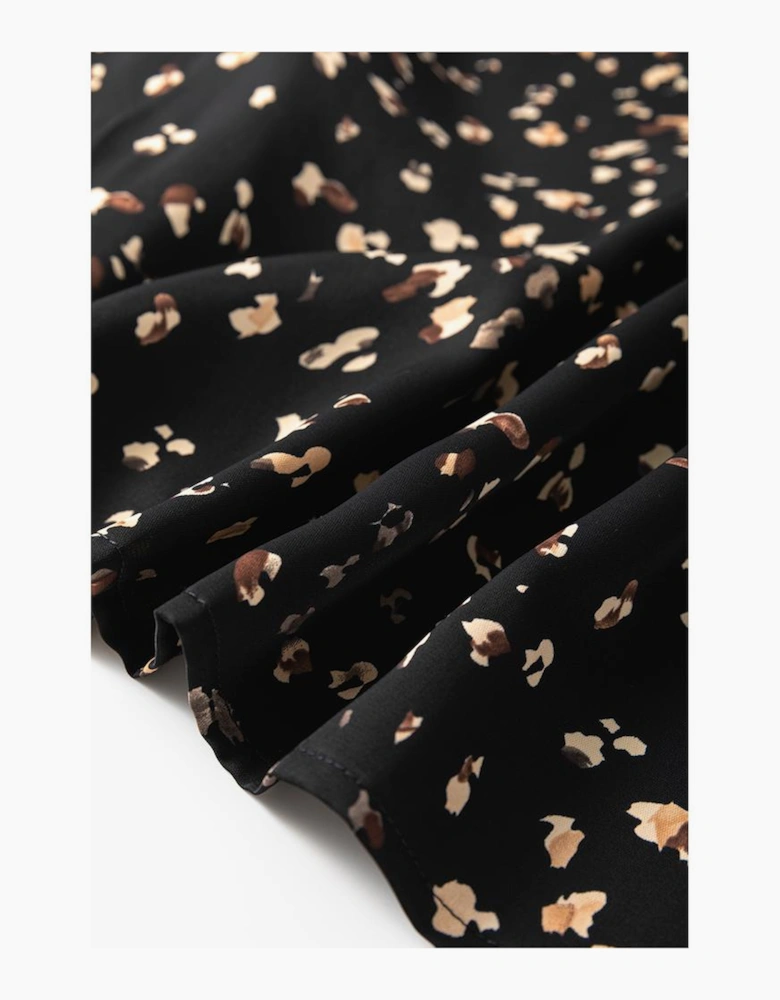 Black Leopard Print Lantern Sleeve Mock Neck Pleated Blouse