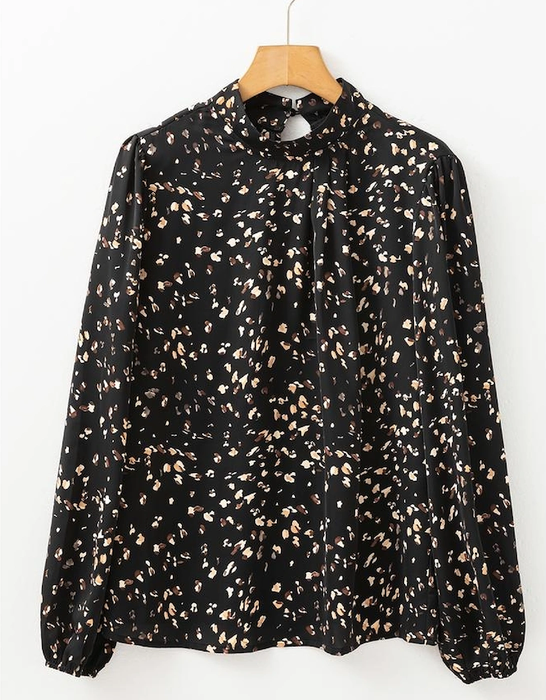 Black Leopard Print Lantern Sleeve Mock Neck Pleated Blouse