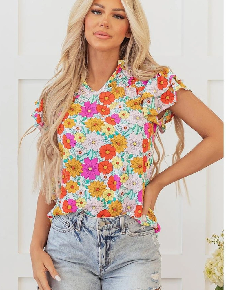 Yellow Floral Print Shirred Tiered Ruffled Sleeve Blouse