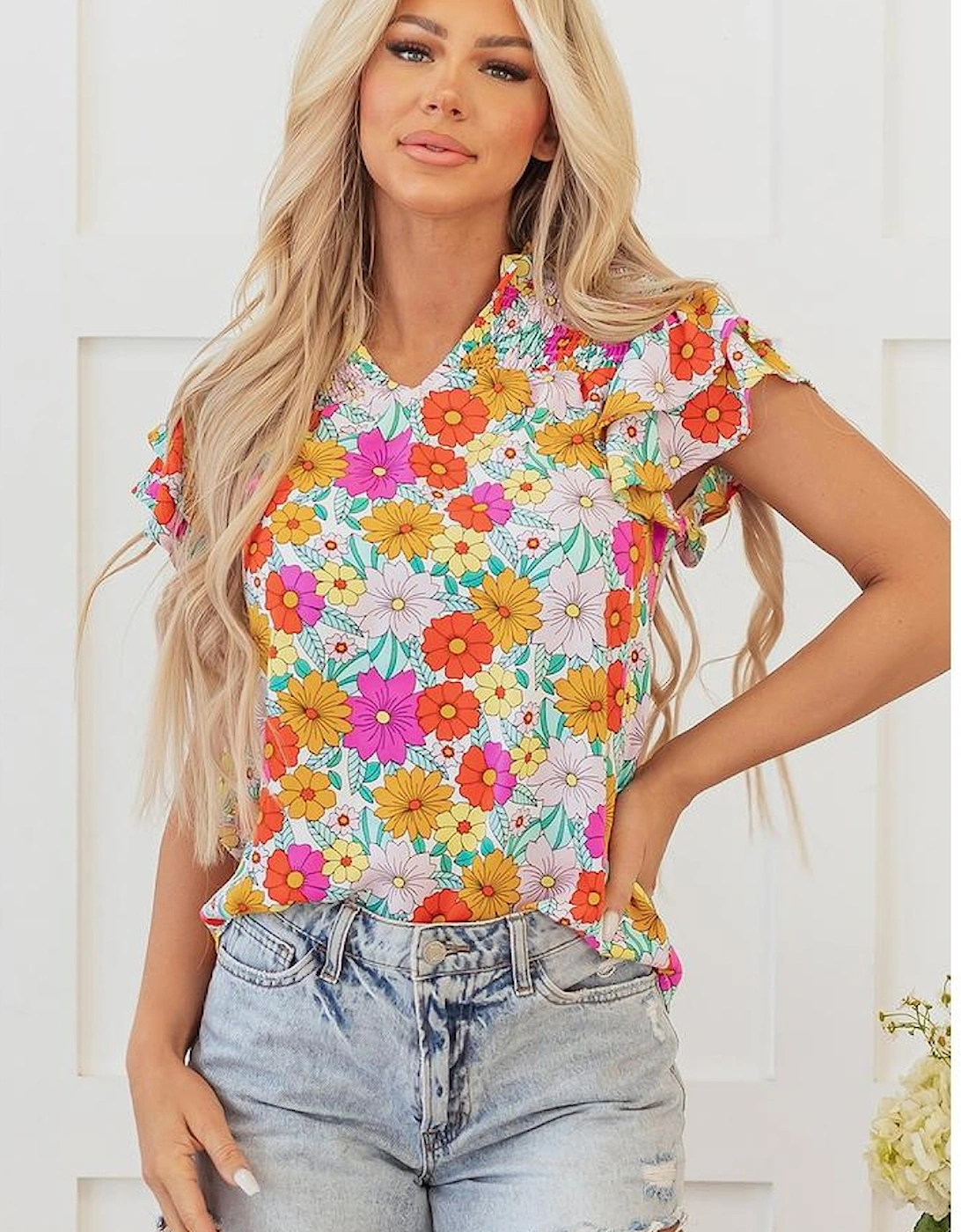 Yellow Floral Print Shirred Tiered Ruffled Sleeve Blouse