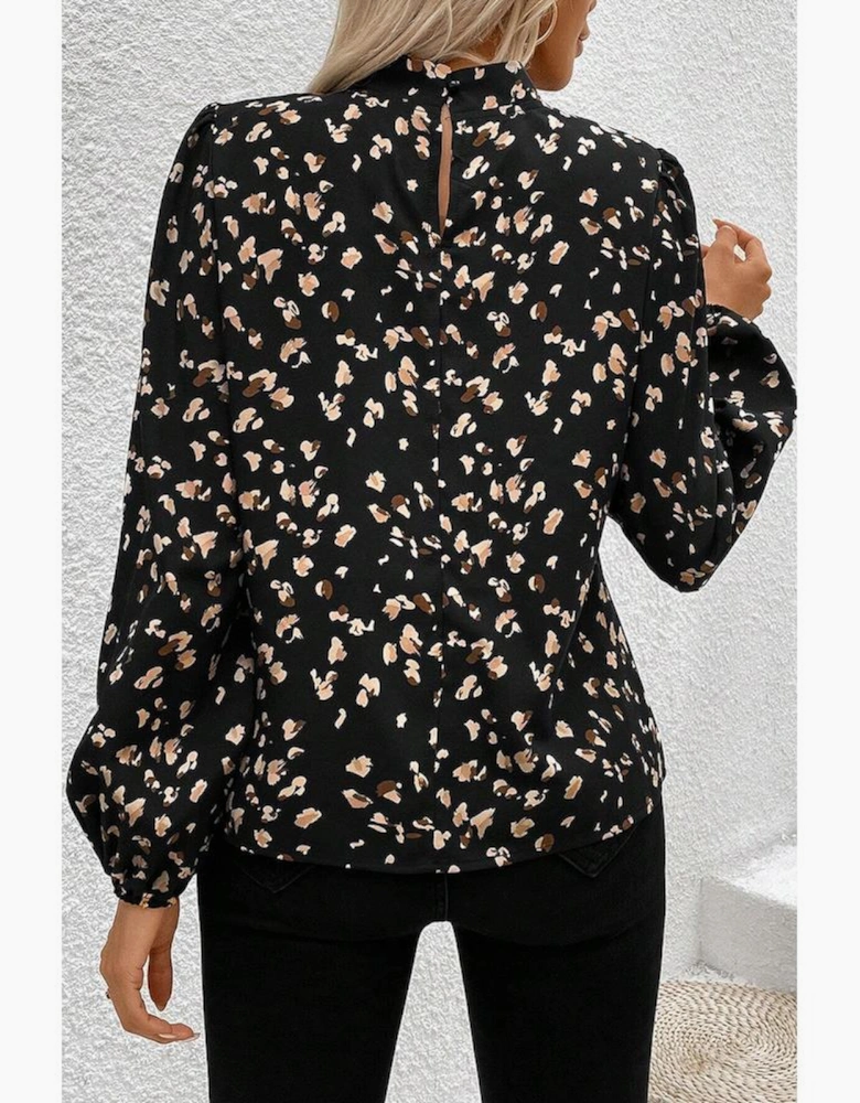 Black Leopard Print Lantern Sleeve Mock Neck Pleated Blouse