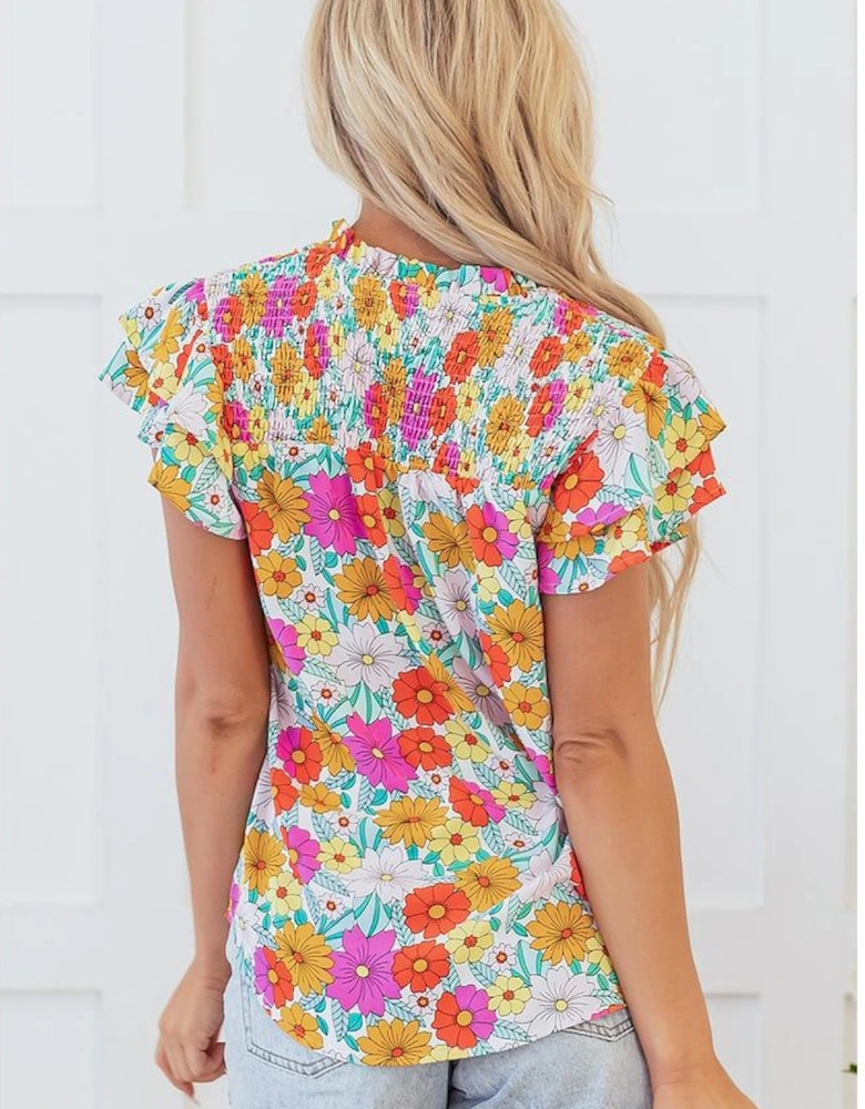 Yellow Floral Print Shirred Tiered Ruffled Sleeve Blouse