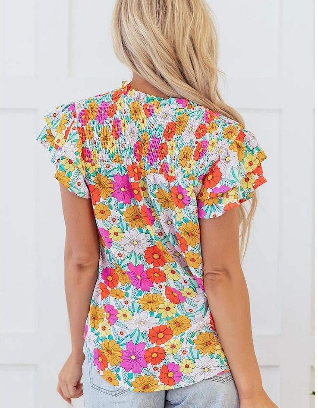 Yellow Floral Print Shirred Tiered Ruffled Sleeve Blouse, 16 of 15