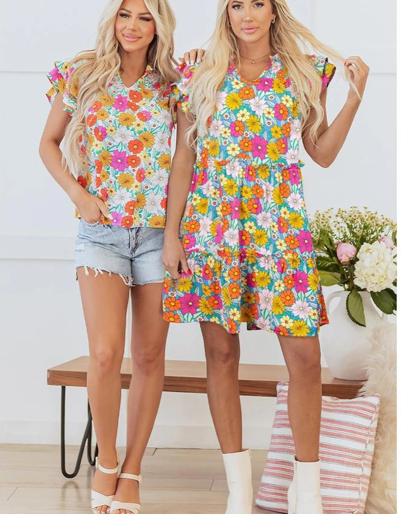 Yellow Floral Print Shirred Tiered Ruffled Sleeve Blouse