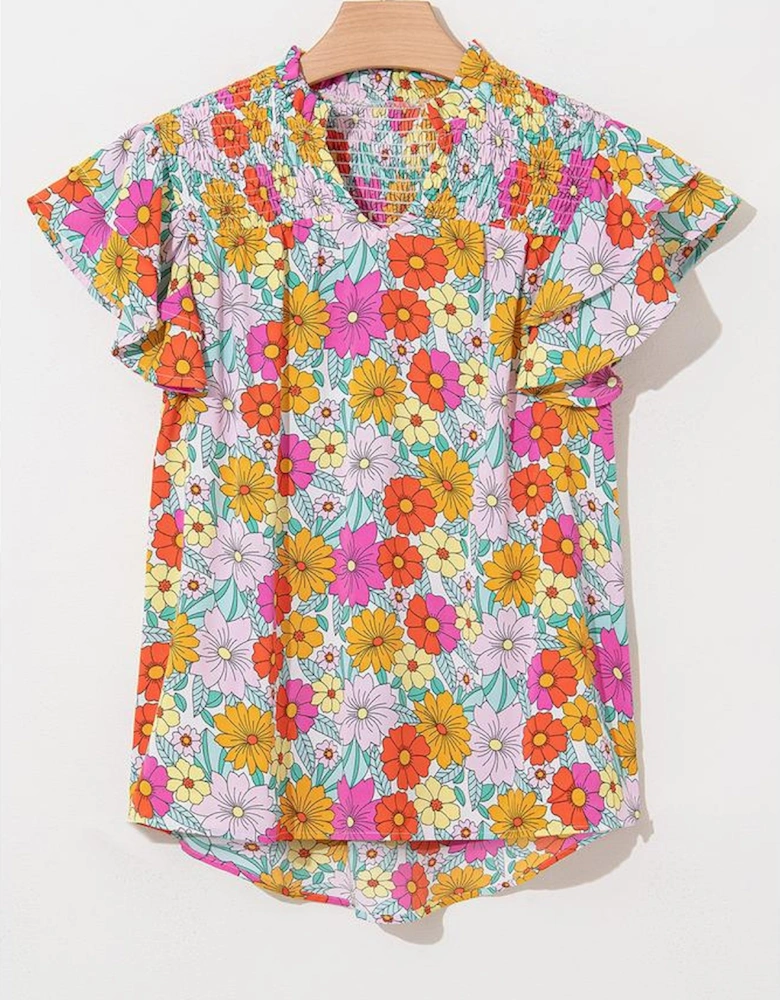 Yellow Floral Print Shirred Tiered Ruffled Sleeve Blouse