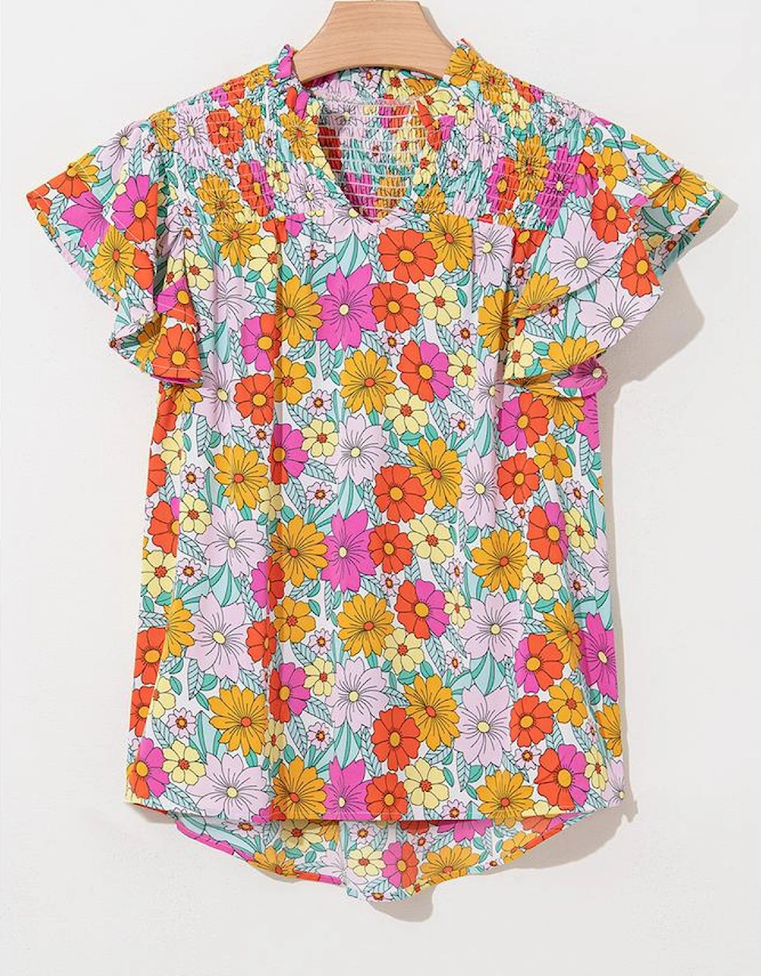 Yellow Floral Print Shirred Tiered Ruffled Sleeve Blouse