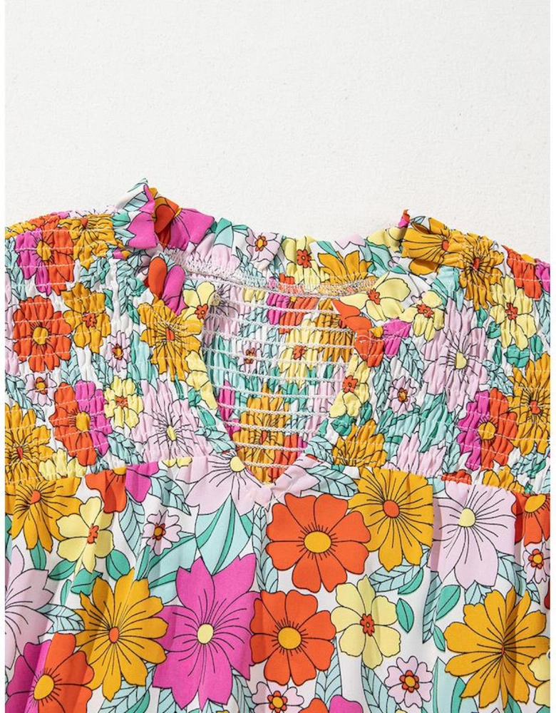 Yellow Floral Print Shirred Tiered Ruffled Sleeve Blouse