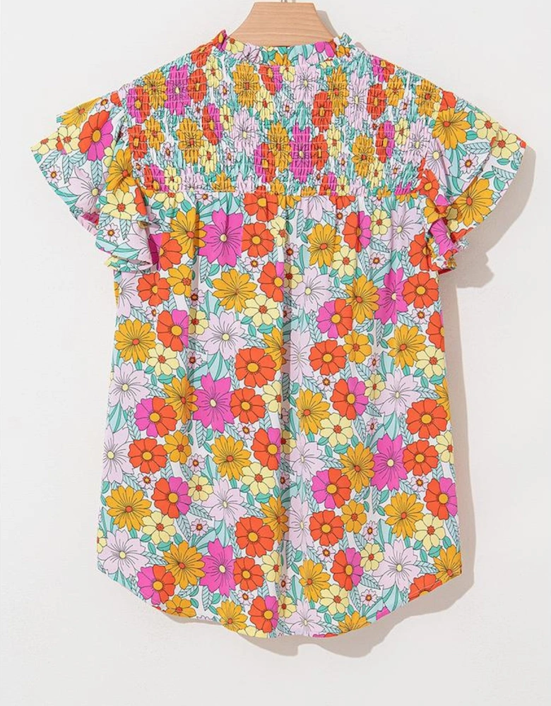 Yellow Floral Print Shirred Tiered Ruffled Sleeve Blouse