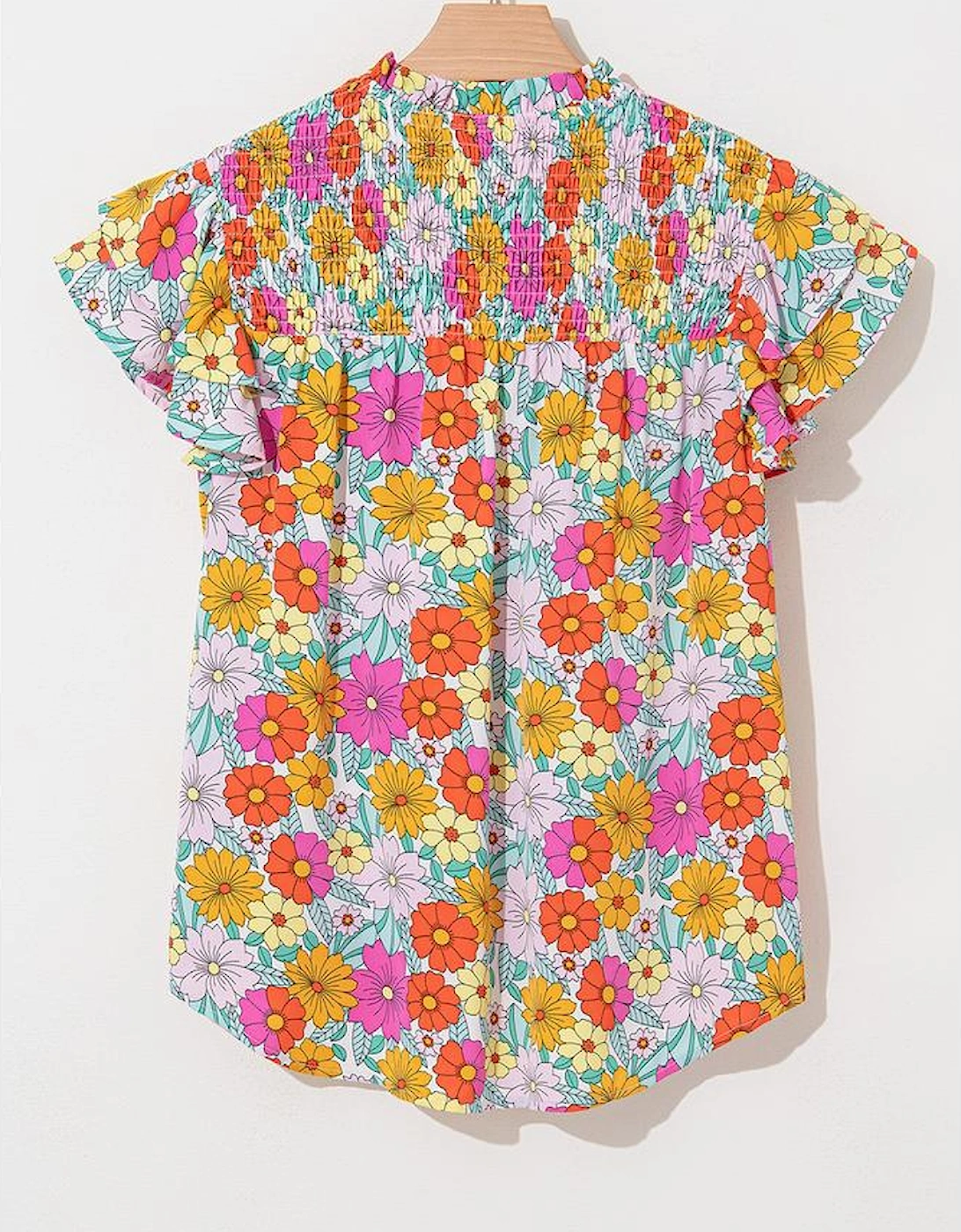 Yellow Floral Print Shirred Tiered Ruffled Sleeve Blouse